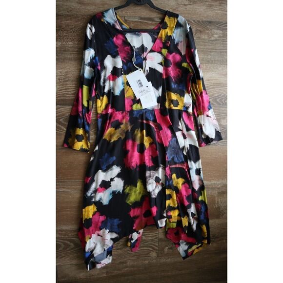 Colville CVS20516A Women Sz IT 42 US 6 Black Floral Asymmetric Midi Dress - Picture 2 of 16